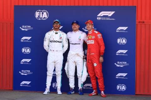 11th May 2019, Circuit de Barcelona-Catalunya, Barcelona, Spain; Formula One Grand Prix of Spain, qualification; Mercedes AMG Petronas Motorsport, Valtteri Bottas take pole followed by his team mate Lewis Hamilton and Scuderia Ferrari, Sebastian Vettel  ActionPlus12133507 Octane