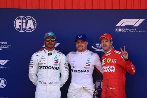 11th May 2019, Circuit de Barcelona-Catalunya, Barcelona, Spain; Formula One Grand Prix of Spain, qualification; Mercedes AMG Petronas Motorsport, Valtteri Bottas take pole followed by his team mate Lewis Hamilton and Scuderia Ferrari, Sebastian Vettel  ActionPlus12133508 Octane