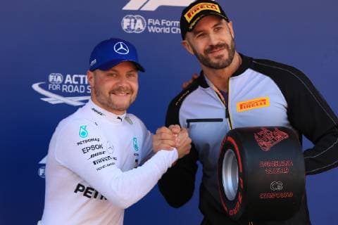 11th May 2019, Circuit de Barcelona-Catalunya, Barcelona, Spain; Formula One Grand Prix of Spain, qualification; Mercedes AMG Petronas Motorsport, Valtteri Bottas receives the Pirelli Pole Position Award from the Pirelli Representative, WWE Star Cesaro  ActionPlus12133518 Octane