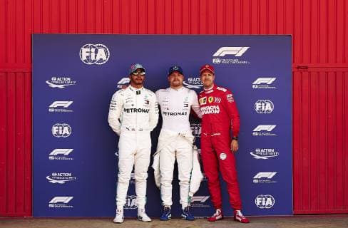11th May 2019, Circuit de Barcelona-Catalunya, Barcelona, Spain; Formula One Grand Prix of Spain, qualification; (L-R) Lewis Hamilton of the Mercedes Team , Valtteri Bottas of the Mercedes Team and Sebastian Vettel of the Ferrari Team will take the top 3 on the starting grid  ActionPlus12133535 PabloxGuillen