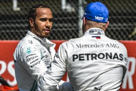 May 11, 2019 - Barcelona, Catalonia, Spain - LEWIS HAMILTON (GBR) from team Mercedes congratulates his team mate VALTTERI BOTTAS (FIN) from team Mercedes to his pole after the qualifying session of the Spanish GP at Circuit de Catalunya F1 2019: Spanish Grand Prix: Pole Position. - ZUMAo105 20190511_zap_o105_069 Copyright: xMatthiasxOesterlex