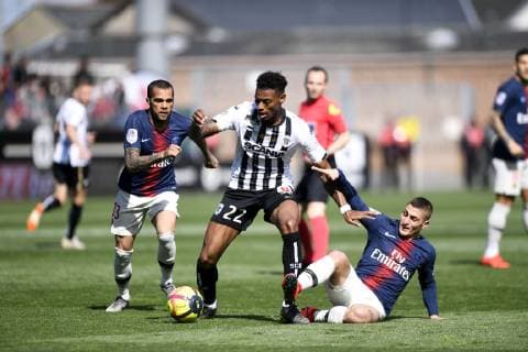13 DANI ALVES (PSG) - 06 MARCO VERRATTI (PSG) - 22 JEFF REINE ADELAIDE (SCO) FOOTBALL : Angers vs Paris SG - Ligue 1 Conforama - 11 05 2019 AnthonyBIBARD FEP Panoramic 
