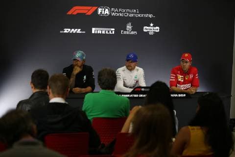 Photo4 LaPresse 11 05 2019 Montmelo, Spain Grand Prix Formula One Spain 2019 In the pic: pole position press conference PK Pressekonferenz 1st position Valtteri Bottas (FIN) Mercedes AMG F1 W10 2nd position Lewis Hamilton (GBR) Mercedes AMG F1 W10 3rd position Sebastian Vettel (GER) Scuderia Ferrari SF90  Copyright: xPhoto4 LaPressex
