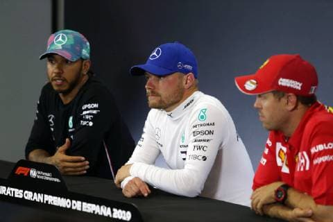 Photo4 LaPresse 11 05 2019 Montmelo, Spain Grand Prix Formula One Spain 2019 In the pic pole position press conference PK Pressekonferenz 1st position Valtteri Bottas (FIN) Mercedes AMG F1 W10 2nd position Lewis Hamilton (GBR) Mercedes AMG F1 W10 3rd position Sebastian Vettel (GER) Scuderia Ferrari SF90  Copyright: xPhoto4 LaPressex