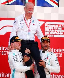 (L-R) Finnish Valtteri Bottas of Mercedes AMG, head of Mercedes-Benz, Dieter Zetsche, and British Formula One driver Lewis Hamilton of Merdedes AMG acelebrate on the podium after the Spanish Grand Prix held at Montmelo Circuit in Montmelo, Barcelona, Spain, 12 May 2019. 2019 Spanish Grand Prix !ACHTUNG: NUR REDAKTIONELLE NUTZUNG!  Copyright: xEnricxFoncubertax GRAFCAT8916 20190512-636932801668093628