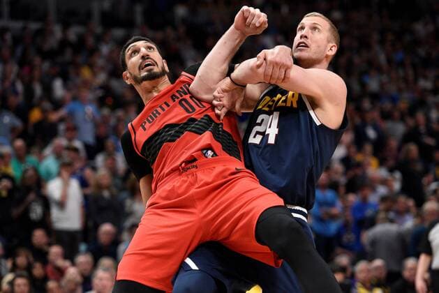 Denver Nuggets forward Mason Plumlee (R) fights for position against Portland Trail Blazers center Enes Kanter (L) during the NBA Basketball Herren USA Game 7 at the Pepsi Center in Denver, CO, USA, 12 May 2019. The Portland Trail Blazers defeated the Denver Nuggets 100-96. Denver Nuggets at Portland Trail Blazers !ACHTUNG: NUR REDAKTIONELLE NUTZUNG!  Copyright: xToddxPiersonx AME2020 20190513-636933074861989791