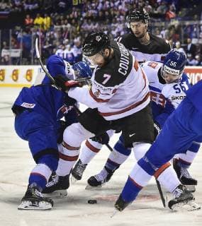 (190514) -- KOSICE, May 14, 2019 -- Sean Couturier (2nd L) of Canada vies for the puck during the 2019 IIHF Ice hockey Eishockey World Championship WM Weltmeisterschaft group A game between Slovakia and Canada at Steel Arena in Kosice, Slovakia, May 13, 2019. Canada won 6-5. ) (SP)SLOVAKIA-KOSICE-ICE HOCKEY-IIHF-WORLD CHAMPIONSHIP-GROUP A-CAN VS SVK LukaszxLaskowski 