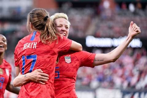 May 16, 2019: United States forward Tobin Heath (17) celebrates her goal with United States forward Megan Rapinoe (15) who made the pass during the send off series as the United States Women s national team, Nationalteam hosted New Zealand at Busch Stadium in St. Louis City, MO Ulreich CSM Soccer 2019: USWNT vs New Zealand May 16 - ZUMAc04_ 20190516_zaf_c04_002 Copyright: xRichardxUlreichx
