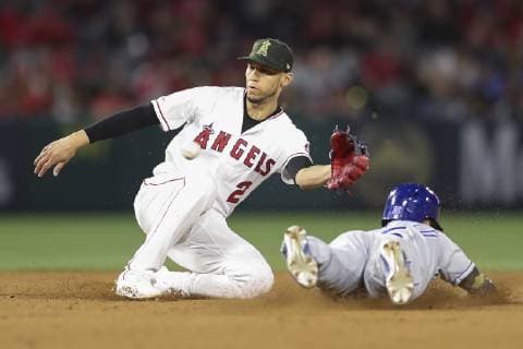 May 17, 2019: Los Angeles Angels shortstop Andrelton Simmons (2) waits for the ball as Kansas City Royals second baseman Whit Merrifield (15) tires to steal second base during the game between the Kansas City Royals and the Los Angeles Angels of Anaheim at Angel Stadium in Anaheim, CA, ( , Cal Media) MLB, Baseball Herren, USA 2019: Royals vs Angels MAY 17 - ZUMAc04_ 20190517_zaf_c04_076 Copyright: xPeterxJoneleitx
