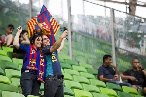 18th May 2019, Groupama Arena, Budapest, Hungary; UEFA Womens Champions League Final, Lyon versus Barcelona; The fans of Barcelona take a selfie while waiting for the game to start  ActionPlus12135635 NikolaxKrstic