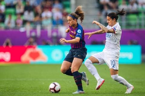 190518 Alexia of Barcelona and Dzsenifer Marozsan of Lyon during the UEFA Women s Champions League final match between Lyon and Barcelona on May 18, 2019 in Budapest. Photo: Jon Olav Nesvold BILDBYRAN kod JE 160443 Copyright: JONxOLAVxNESVOLD BB190518JE016