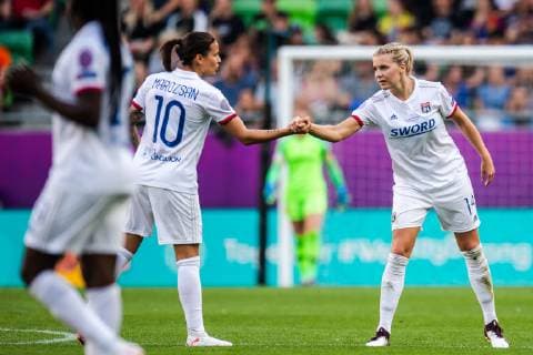 190518 Dzsenifer Marozsan and Ada Hegerberg of Lyon celebrate after 3-0 during the UEFA Women s Champions League final match between Lyon and Barcelona on May 18, 2019 in Budapest. Photo: Jon Olav Nesvold BILDBYRAN kod JE 160443 Copyright: JONxOLAVxNESVOLD BB190518JE025