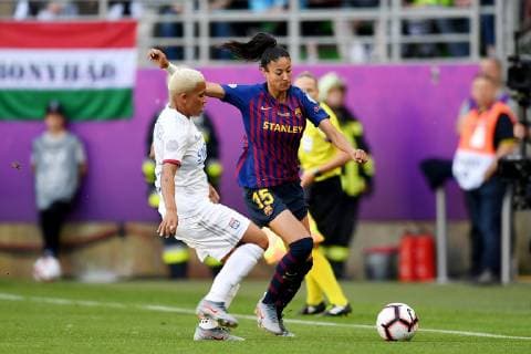 (L-R) Shanice van de Sanden of Olympique Lyonnais women, Leila Ouahabi El Ouhabi of FC Barcelona, Barca women during the UEFA Women s Champions League final match between Olympique Lyonnais women v FC Barcelona women on May 18, 2018 at Ferencvaros Stadium in Budapest, Hungary UEFA Women s Champions League 2018 2019 xVIxVIxImagesx xGerritxvanxKeulenxIVx 14495107
