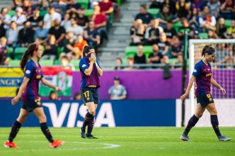 Fußball, Damen, CL Finale, Olympique Lyon - FC Barcelona 190518 Andrea Pereira and Vicky Losada of Barcelona looks dejected during the UEFA Women s Champions League final match between Lyon and Barcelona on May 18, 2019 in Budapest. Photo: Jon Olav Nesvold BILDBYRAN kod JE 160443 Copyright: JONxOLAVxNESVOLD BB190518JE039