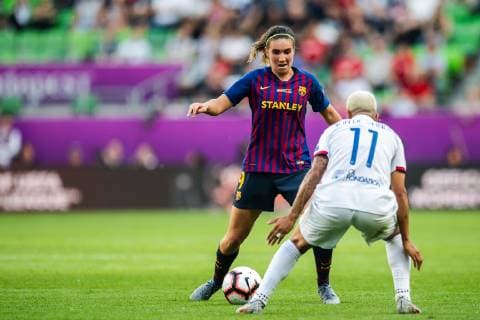 Fußball, Damen, CL Finale, Olympique Lyon - FC Barcelona 190518 Mariona of Barcelona and Shanice van de Sanden of Lyon during the UEFA Women s Champions League final match between Lyon and Barcelona on May 18, 2019 in Budapest. Photo: Jon Olav Nesvold BILDBYRAN kod JE 160443 Copyright: JONxOLAVxNESVOLD BB190518JE040