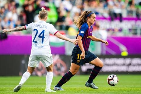 Fußball, Damen, CL Finale, Olympique Lyon - FC Barcelona 190518 Jess Fishlock of Lyon and Alexia of Barcelona during the UEFA Women s Champions League final match between Lyon and Barcelona on May 18, 2019 in Budapest. Photo: Jon Olav Nesvold BILDBYRAN kod JE 160443 Copyright: JONxOLAVxNESVOLD BB190518JE041