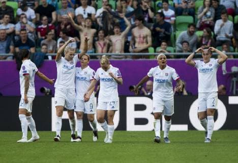 18th May 2019, Groupama Arena, Budapest, Hungary; UEFA Womens Champions League Final, Lyon versus Barcelona; Lucy Bronze of Lyon, Shanice Van De Sanden of Lyon, Jessica Fishlock of Lyon, Eugenie Le Sommer of Lyon, Dzsenifer Marozsan of Lyon celebrate after Ada Hegerberg scores after 14 minutes  ActionPlus12135716 NikolaxKrstic