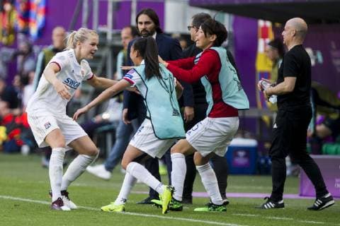 18th May 2019, Groupama Arena, Budapest, Hungary; UEFA Womens Champions League Final, Lyon versus Barcelona; Ada Hegerberg of Lyon celebrates scoring her goal for 4-0 in 30th minute with her manager and team mates  ActionPlus12135731 NikolaxKrstic