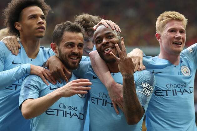 Sport Themen der Woche KW20 Sport Bilder des Tages 18th May 2019, Wembley Stadium, London England; Emirates FA Cup Final football, Manchester City versus Watford; Raheem Sterling of Manchester City celebrates with team mates indicating City have won the treble after he scores for 5-0 in the 81st minute  ActionPlus12135780 ShaunxBrooks