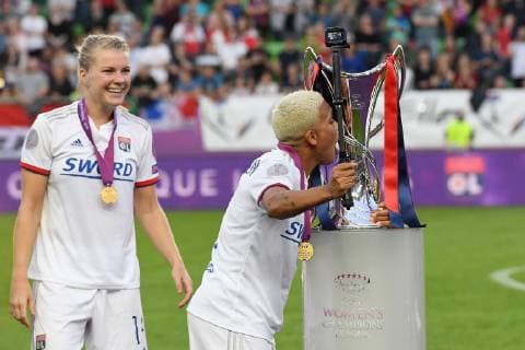 (L-R) Ada Hegerberg of Olympique Lyonnais women, Shanice van de Sanden of Olympique Lyonnais women with UEFA Womens Champions League trophy during the UEFA Women s Champions League final match between Olympique Lyonnais women v FC Barcelona, Barca women on May 18, 2018 at Ferencvaros Stadium in Budapest, Hungary UEFA Women s Champions League 2018 2019 xVIxVIxImagesx xGerritxvanxKeulenxIVx 14497392