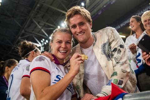 190518 Ada Hegerberg of Lyon celebrate with her boyfriend Thomas Rogne after the UEFA Women s Champions League final match between Lyon and Barcelona on May 18, 2019 in Budapest. Photo: Jon Olav Nesvold BILDBYRAN kod JE 160443 Copyright: JONxOLAVxNESVOLD BB190518JE084