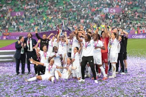 SOCCER - CL, Lyon vs Barcelona BUDAPEST,HUNGARY,18.MAY.19 - WOMEN SOCCER - UEFA Women Champions League, final, Olympique Lyonnais vs FC Barcelona, Barca Image shows the rejoicing of Lyon. GEPAxpictures xCsabaxDoemoetoer