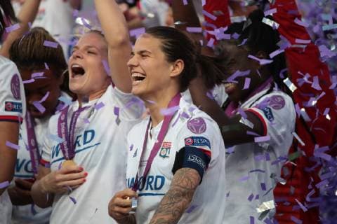SOCCER - CL, Lyon vs Barcelona BUDAPEST,HUNGARY,18.MAY.19 - WOMEN SOCCER - UEFA Women Champions League, final, Olympique Lyonnais vs FC Barcelona, Barca Image shows the rejoicing of Dzsenifer Marozsn (Lyon). GEPAxpictures xCsabaxDoemoetoer