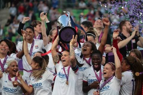 SOCCER - CL, Lyon vs Barcelona BUDAPEST,HUNGARY,18.MAY.19 - WOMEN SOCCER - UEFA Women Champions League, final, Olympique Lyonnais vs FC Barcelona, Barca Image shows the rejoicing of Lyon. GEPAxpictures xCsabaxDoemoetoer