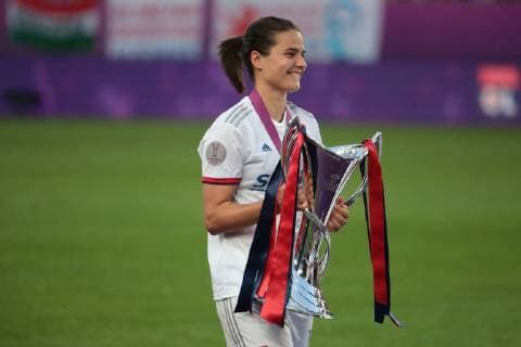 SOCCER - CL, Lyon vs Barcelona BUDAPEST,HUNGARY,18.MAY.19 - WOMEN SOCCER - UEFA Women Champions League, final, Olympique Lyonnais vs FC Barcelona, Barca Image shows the rejoicing of Dzsenifer MarozsÂ‡n (Lyon). GEPAxpictures xCsabaxDoemoetoer