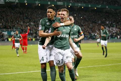 JOIE - 27 ROBERT BERIC (ASSE) - 04 WILLIAM SALIBA (ASSE) FOOTBALL : Saint Etienne vs Nice - Ligue 1 Conforama - 18 05 2019 FEP Panoramic 