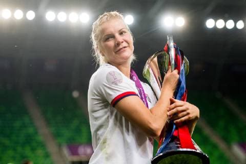 190518 Ada Hegerberg of Lyon celebrates after the UEFA Women s Champions League final match between Lyon and Barcelona on May 18, 2019 in Budapest. Photo: Jon Olav Nesvold BILDBYRAN kod JE 160443 Copyright: JONxOLAVxNESVOLD BB190518JE097
