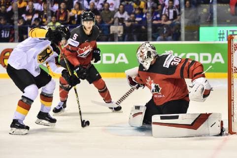 (190519) -- KOSICE, May 19, 2019 -- Matt Murray (R), goalie of Canada stops a shot from Yasin Ehliz (L) of Germany during the 2019 IIHF Ice hockey, Eishockey World Championship, WM, Weltmeisterschaft Slovakia group A game between Canada and Germany at Steel Arena on May 18, 2019 in Kosice, Slovakia. Canada won 8-1. ) (SP)SLOVAKIA-KOSICE-ICE HOCKEY-IIHF-WORLD CHAMPIONSHIP-GROUP A-CAN VS GER LukaszxLaskowski 