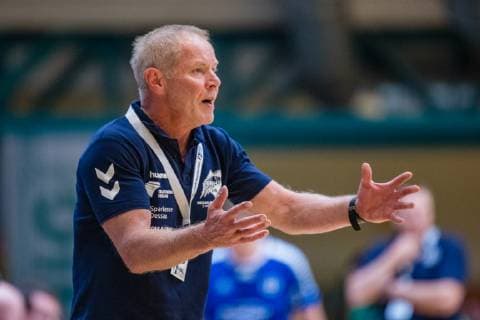 Trainer Uwe Jungandreas (Dessau-Rosslauer HV 06) waehrend der Begegnung in der Handball 2. Bundesliga (Herren) - Saison 2018-2019 zwischen Dessau-Rosslauer HV 06 und TSV Bayer Dormagen in der Anhalt Arena am 19. May 2019 in Dessau-Rosslau, Sachsen Anhalt, Deutschland