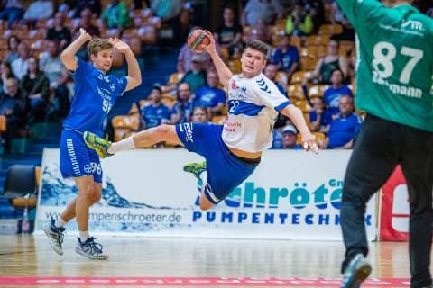 Philip Jungemann 21 (Dessau-Rosslauer HV 06) waehrend der Begegnung in der Handball 2. Bundesliga (Herren) - Saison 2018-2019 zwischen Dessau-Rosslauer HV 06 und TSV Bayer Dormagen in der Anhalt Arena am 19. May 2019 in Dessau-Rosslau, Sachsen Anhalt, Deutschland