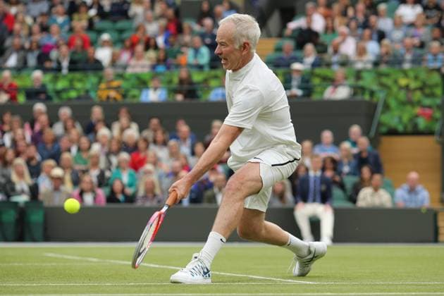 19th May 2019; Wimbledon SE19, London, England; Wimbledon Tennis Players Day; John McEnroe (USA) forehand volley on a drop shot during the Wimbledon number 1 court opening celebrations  ActionPlus12136470 ShaunxBrooks