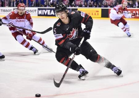 (190521) -- KOSICE, May 21, 2019 -- Philippe Myers (front) of Canada controls the puck during the 2019 IIHF Ice hockey, Eishockey World Championship, WM, Weltmeisterschaft Slovakia group A game between Canada and Denmark at Steel Arena in Kosice, Slovakia, on May 20, 2019. Canada won 5-0. ) (SP)SLOVAKIA-KOSICE-ICE HOCKEY-IIHF-WORLD CHAMPIONSHIP-GROUP A-CAN-DEN LukaszxLaskowski 