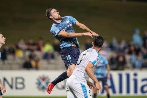 Sydney FC player Jacob Tratt up for a header during the AFC Champions League match between Sydney FC and Kawasaki Frontale at Jubilee Stadium, Kogarah, Australia on 21 May 2019. Copyright: xPeterxDovganx 24090038