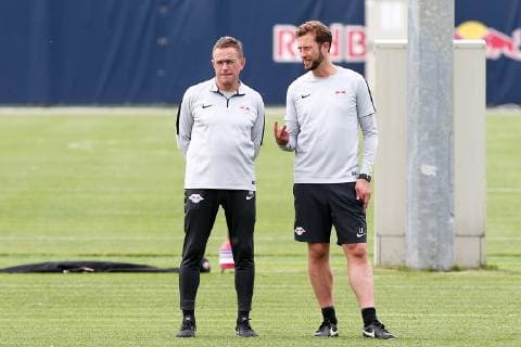 RB Leipzig - Training Fussball 1.BL Leipzig, 21.05.2019, RBL Trainingszentrum, Fussball, 1. Bundesliga , RB Leipzig - Training , Im Bild v.l.: Cheftrainer Ralf Rangnick und Co Trainer Lars Kornetka , *** RB Leipzig Training Fussball 1 BL Leipzig, 21 05 2019, RBL Trainingszentrum, Fussball, 1 Bundesliga , RB Leipzig Training , In the picture v l head coach Ralf Rangnick and co coach Lars Kornetka ,