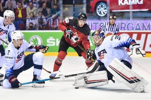 (190522) -- KOSICE, May 22, 2019 -- Cory Schneider (1st R) of the United States stops the puck during the 2019 IIHF Ice hockey, Eishockey World Championship, WM, Weltmeisterschaft Slovakia group A game between Canada and the United States at Steel Arena in Kosice, Slovakia, on May 21, 2019. The United States lost 0-3. ) (SP)SLOVAKIA-KOSICE-ICE HOCKEY-IIHF-WORLD CHAMPIONSHIP-GROUP A-CAN VS USA LukaszxLaskowski 