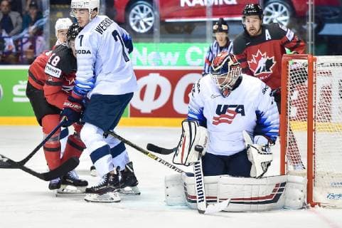 (190522) -- KOSICE, May 22, 2019 -- Cory Schneider (bottom) of the United States stops the puck during the 2019 IIHF Ice hockey, Eishockey World Championship, WM, Weltmeisterschaft Slovakia group A game between Canada and the United States at Steel Arena in Kosice, Slovakia, on May 21, 2019. The United States lost 0-3. ) (SP)SLOVAKIA-KOSICE-ICE HOCKEY-IIHF-WORLD CHAMPIONSHIP-GROUP A-CAN VS USA LukaszxLaskowski 