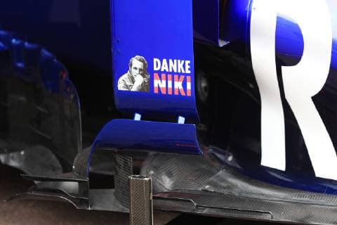 Sport Bilder des Tages 22nd May 2019, Monte Carlo, Monaco; FIA Formula 1 Grand Prix of Monte Carlo, driver arrival and preview day; Scuderia Toro Rosso car displays Danke Niki after the death of Niki Lauda  ActionPlus12136984 Octane