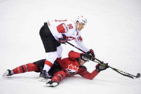 190523 Roman Josi of Switzerland and Anthony Cirelli of Canada during the 2019 IIHF Ice hockey, Eishockey World Championship, WM, Weltmeisterschaft quarterfinal game between Canada and Switzerland on May 23, 2019 in Kosice. Photo: Joel Marklund BILDBYRAN kod JM 87956 Copyright: JOELxMARKLUND BB190523JM022