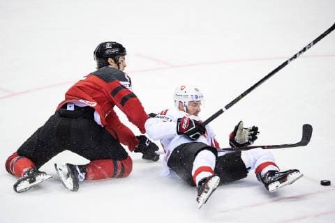190523 Philippe Myers of Canada and Tristan Scherwey of Switzerland during the 2019 IIHF Ice hockey, Eishockey World Championship, WM, Weltmeisterschaft quarterfinal game between Canada and Switzerland on May 23, 2019 in Kosice. Photo: Joel Marklund BILDBYRAN kod JM 87956 Copyright: JOELxMARKLUND BB190523JM023