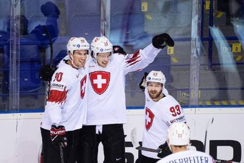 190523 Roman Josi, Nico Hischier, Lino Martschini and Nino Niederreiter of Switzerland celebrates after 1-2 during the 2019 IIHF Ice hockey, Eishockey World Championship, WM, Weltmeisterschaft quarterfinal game between Canada and Switzerland on May 23, 2019 in Kosice. Photo: Joel Marklund BILDBYRAN kod JM 87956 Copyright: JOELxMARKLUND BB190523JM024