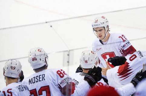 190523 Nico Hischier celebrates after scoring 1-2 during the 2019 IIHF Ice hockey, Eishockey World Championship, WM, Weltmeisterschaft quarterfinal game between Canada and Switzerland on May 23, 2019 in Kosice. Photo: Joel Marklund BILDBYRAN kod JM 87956 Copyright: JOELxMARKLUND BB190523JM025