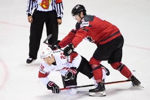 190523 Nino Niederreiter of Switzerland and Philippe Myers of Canada during the 2019 IIHF Ice hockey, Eishockey World Championship, WM, Weltmeisterschaft quarterfinal game between Canada and Switzerland on May 23, 2019 in Kosice. Photo: Joel Marklund BILDBYRAN kod JM 87956 Copyright: JOELxMARKLUND BB190523JM027