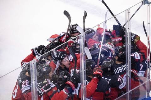 190523 Players of Canada celebrates after 2-3 during the 2019 IIHF Ice hockey, Eishockey World Championship, WM, Weltmeisterschaft quarterfinal game between Canada and Switzerland on May 23, 2019 in Kosice. Photo: Joel Marklund BILDBYRAN kod JM 87956 Copyright: JOELxMARKLUND BB190523JM044