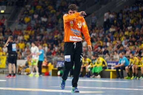 Rhein-Neckar-Loewen - Goeppingen Mannheim, Deutschland 23. Mai 2019 Handball Bundesliga; 31. Spieltag, in der SAP-Arena. Torwart Daniel Rebmann (Goeppingen), Aktion Einzelbild Freisteller unzufrieden enttäuscht enttaeuscht niedergeschlagen frustriert
