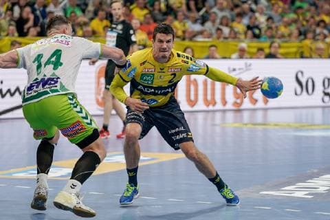 v.li.: Jacob Bagersted (Göppingen, 14), Andre Schmid (Andy Schmid, RNL, 2), Aktion, Action, Spielszene, 23.05.2019, Mannheim, Handball, DKB Bundesliga, Rhein-Neckar Löwen - FRISCH AUF! Göppingen