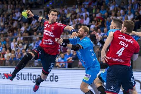 Stuttgart, Deutschland 23. Mai 2019: HBL - 18 19 - TVB 1898 Stuttgart vs. SG Flensburg-Handewitt v.li. Rasmus Lauge Schmidt (Flensburg), Manuel Spaeth (Stuttgart), Dominik Weiss (Stuttgart), Johannes Golla (Flensburg) Stuttgart Porsche Arena Baden-Württemberg Deutschland